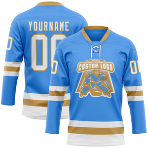 Custom Sky Blue White-Old Gold Hockey Lace Neck Jersey