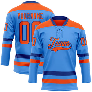 Custom Sky Blue Orange-Royal Hockey Lace Neck Jersey