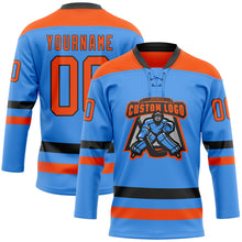 Load image into Gallery viewer, Custom Sky Blue Orange-Black Hockey Lace Neck Jersey
