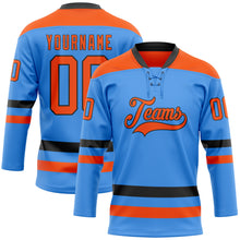 Load image into Gallery viewer, Custom Sky Blue Orange-Black Hockey Lace Neck Jersey
