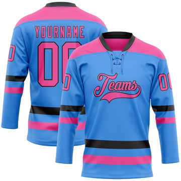 Custom Sky Blue Pink-Black Hockey Lace Neck Jersey