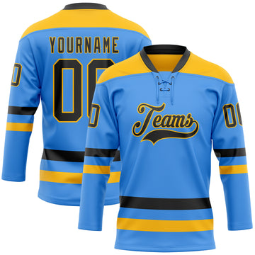 Custom Sky Blue Black-Gold Hockey Lace Neck Jersey