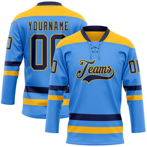 Custom Sky Blue Navy-Gold Hockey Lace Neck Jersey