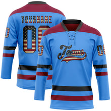 Load image into Gallery viewer, Custom Sky Blue Vintage USA Flag Black-Maroon Hockey Lace Neck Jersey
