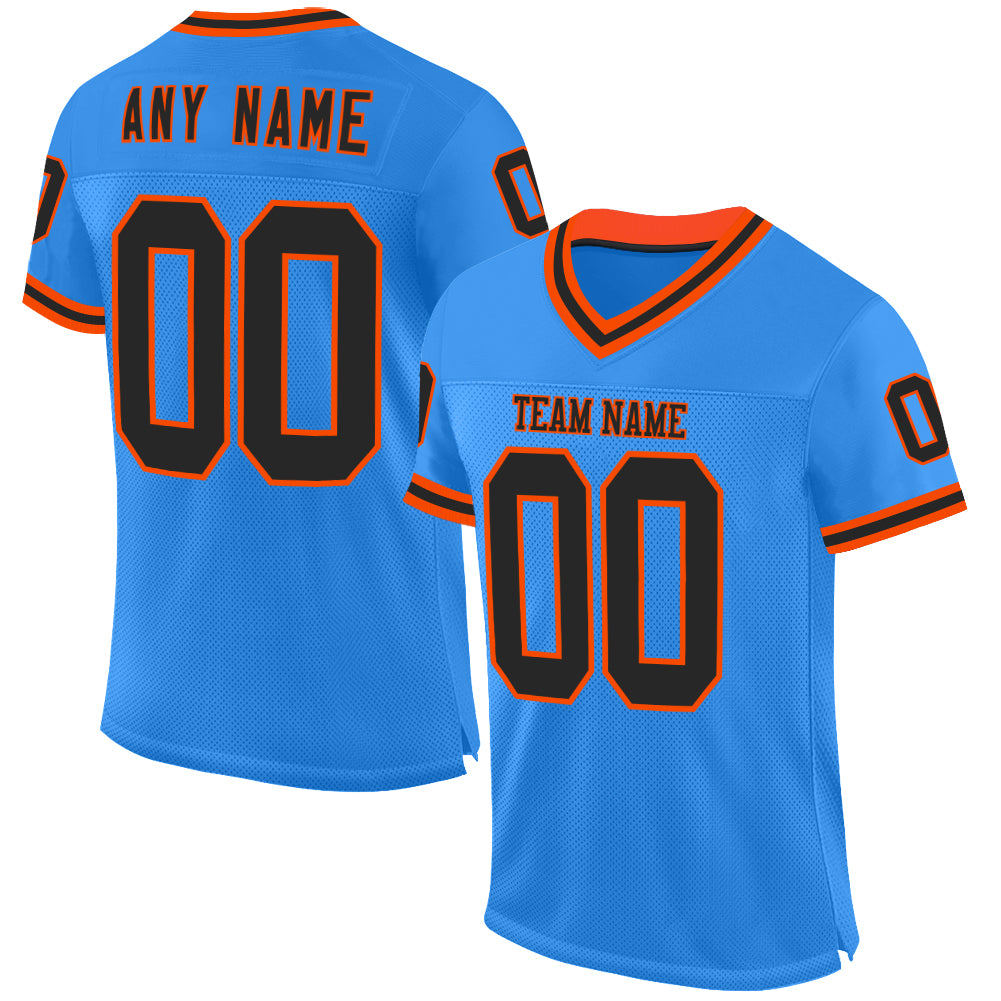 Custom Powder Blue Black-Orange Mesh Authentic Throwback Football Jersey