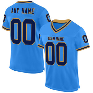 Custom Powder Blue Navy-Old Gold Mesh Authentic Throwback Football Jersey