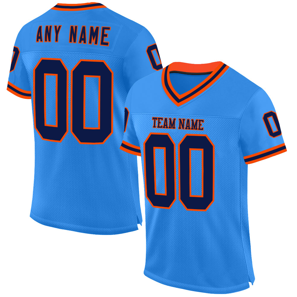 Custom Powder Blue Navy-Orange Mesh Authentic Throwback Football Jersey