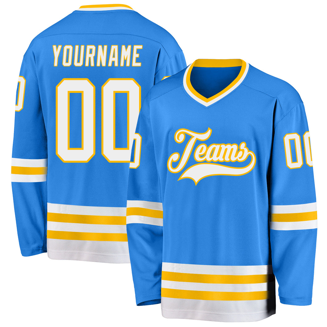 Custom Powder Blue White-Gold Hockey Jersey