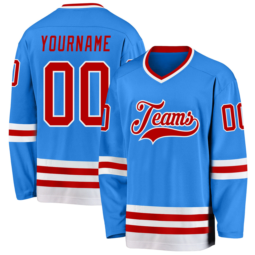 Custom Powder Blue Red-White Hockey Jersey