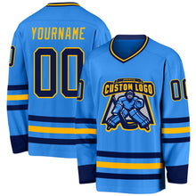 Load image into Gallery viewer, Custom Powder Blue Navy-Gold Hockey Jersey
