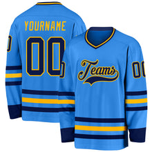 Load image into Gallery viewer, Custom Powder Blue Navy-Gold Hockey Jersey
