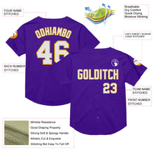 Load image into Gallery viewer, Custom Purple White-Gold Mesh Authentic Throwback Baseball Jersey
