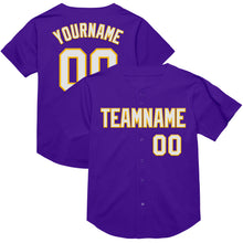 Load image into Gallery viewer, Custom Purple White-Gold Mesh Authentic Throwback Baseball Jersey
