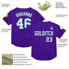 Load image into Gallery viewer, Custom Purple White-Teal Mesh Authentic Throwback Baseball Jersey
