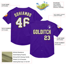 Load image into Gallery viewer, Custom Purple Old Gold-Black Mesh Authentic Throwback Baseball Jersey
