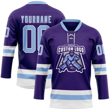 Load image into Gallery viewer, Custom Purple Light Blue-White Hockey Lace Neck Jersey
