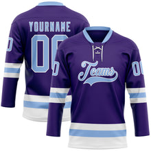 Load image into Gallery viewer, Custom Purple Light Blue-White Hockey Lace Neck Jersey
