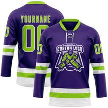 Load image into Gallery viewer, Custom Purple Neon Green-White Hockey Lace Neck Jersey
