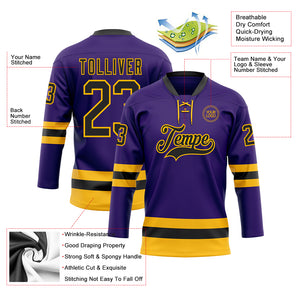 Custom Purple Black-Gold Hockey Lace Neck Jersey