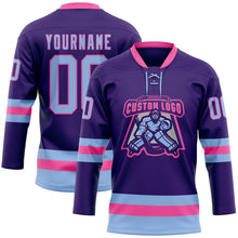 Load image into Gallery viewer, Custom Purple Light Blue-Pink Hockey Lace Neck Jersey
