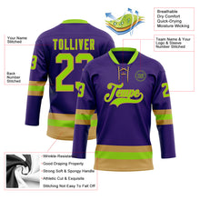 Load image into Gallery viewer, Custom Purple Neon Green-Old Gold Hockey Lace Neck Jersey
