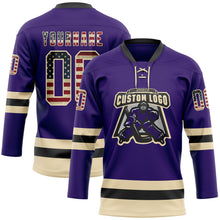 Load image into Gallery viewer, Custom Purple Vintage USA Flag Cream-Black Hockey Lace Neck Jersey
