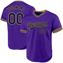 Load image into Gallery viewer, Custom Purple Navy-Old Gold Authentic Throwback Baseball Jersey
