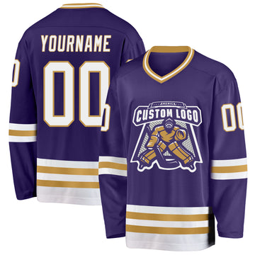 Custom Purple White-Old Gold Hockey Jersey