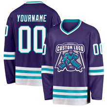 Load image into Gallery viewer, Custom Purple White-Teal Hockey Jersey
