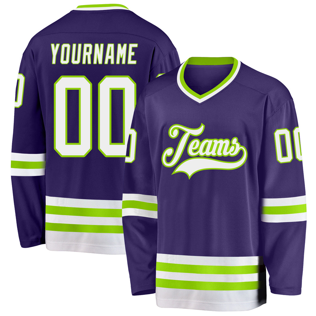 Custom Purple White-Neon Green Hockey Jersey