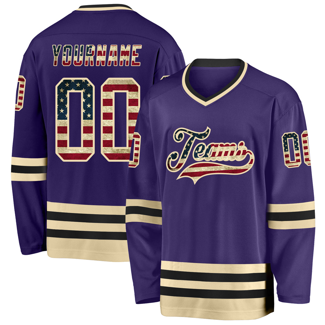 Custom Purple Vintage USA Flag Cream-Black Hockey Jersey