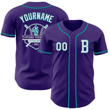 Load image into Gallery viewer, Custom Purple White-Teal Authentic Baseball Jersey
