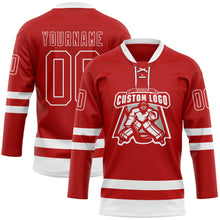 Load image into Gallery viewer, Custom Red White Hockey Lace Neck Jersey
