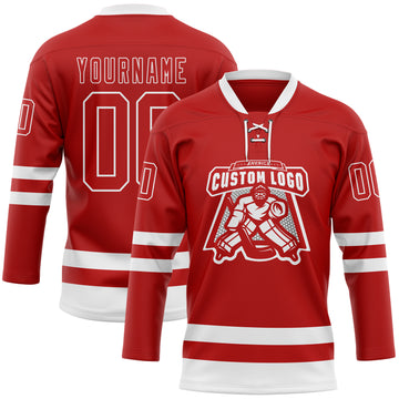 Custom Red White Hockey Lace Neck Jersey