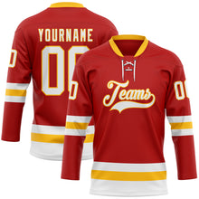 Load image into Gallery viewer, Custom Red White-Gold Hockey Lace Neck Jersey
