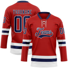 Load image into Gallery viewer, Custom Red Navy-White Hockey Lace Neck Jersey
