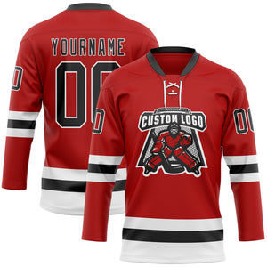 Custom Red Black-White Hockey Lace Neck Jersey