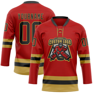 Custom Red Black-Old Gold Hockey Lace Neck Jersey