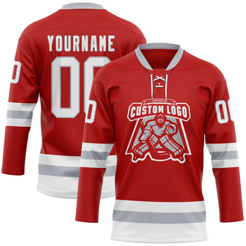 Custom Red White-Gray Hockey Lace Neck Jersey