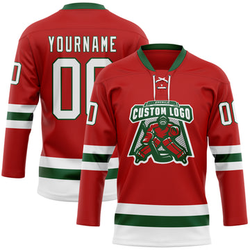 Custom Red White-Green Hockey Lace Neck Jersey