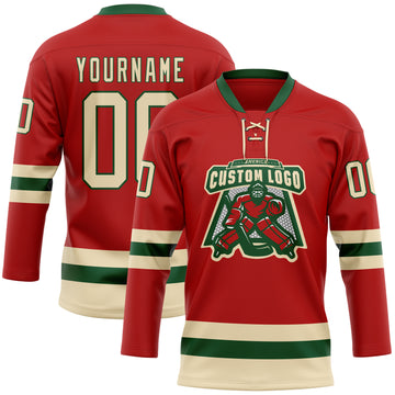 Custom Red Cream-Green Hockey Lace Neck Jersey