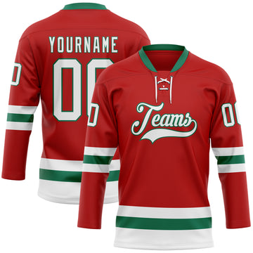 Custom Red White-Kelly Green Hockey Lace Neck Jersey