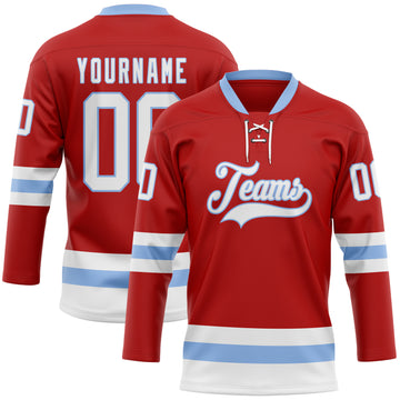 Custom Red White-Light Blue Hockey Lace Neck Jersey