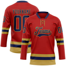 Load image into Gallery viewer, Custom Red Navy-Old Gold Hockey Lace Neck Jersey
