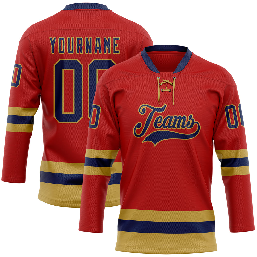 Custom Red Navy-Old Gold Hockey Lace Neck Jersey