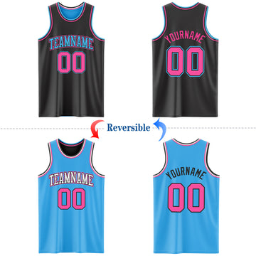 Custom Reversible Black Pink-Sky Blue Double Side Authentic Basketball Jersey