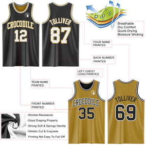 Custom Reversible Black White-Old Gold Double Side Authentic Basketball Jersey