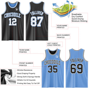 Custom Reversible Black White-Light Blue Double Side Authentic Basketball Jersey