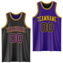 Load image into Gallery viewer, Custom Reversible Black Purple-Gold Double Side Authentic Basketball Jersey
