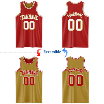 Custom Red White-Old Gold Reversible Double Side Basketball Jersey